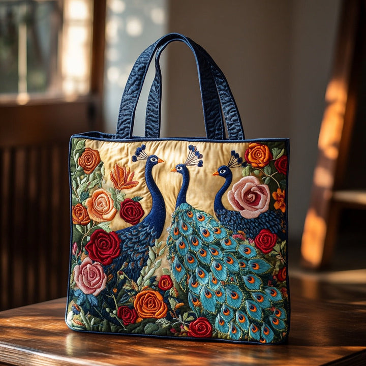 Paon et fleurs sur fond marine – Sac fourre-tout matelassé