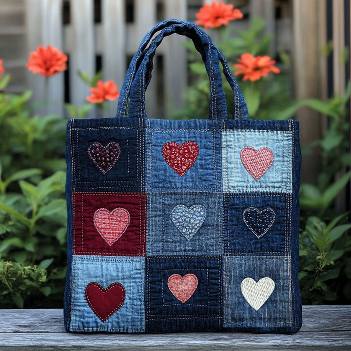 Cœurs en patchwork de denim – Sac fourre-tout matelassé