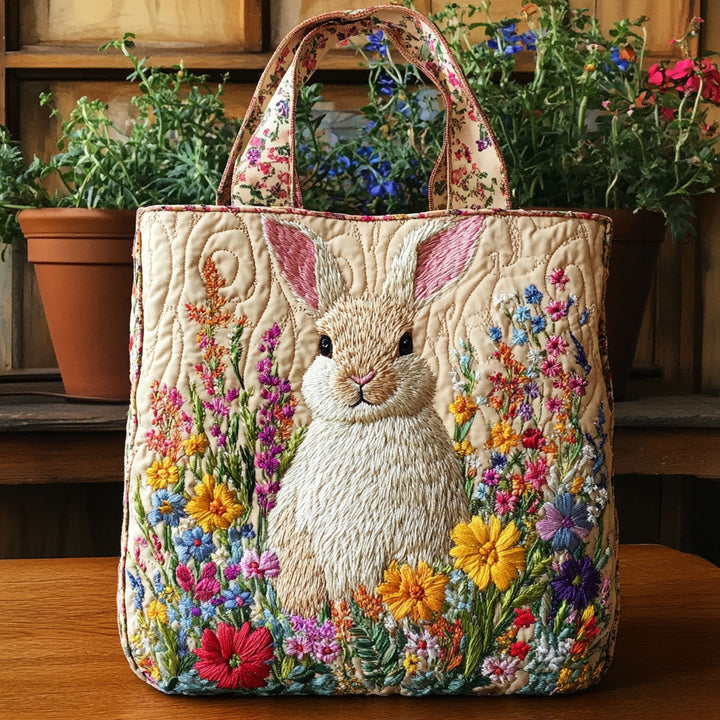 Lapin blanc et fleurs – Sac fourre-tout matelassé