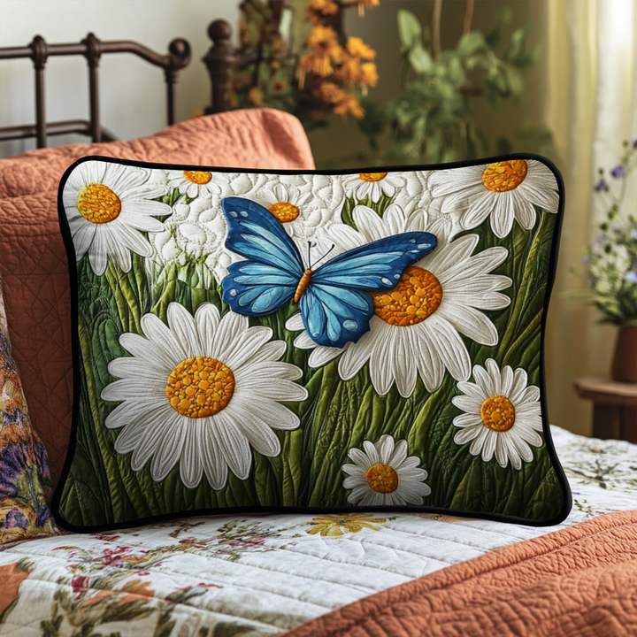 Papillon bleu et marguerites – Taie d’oreiller matelassée