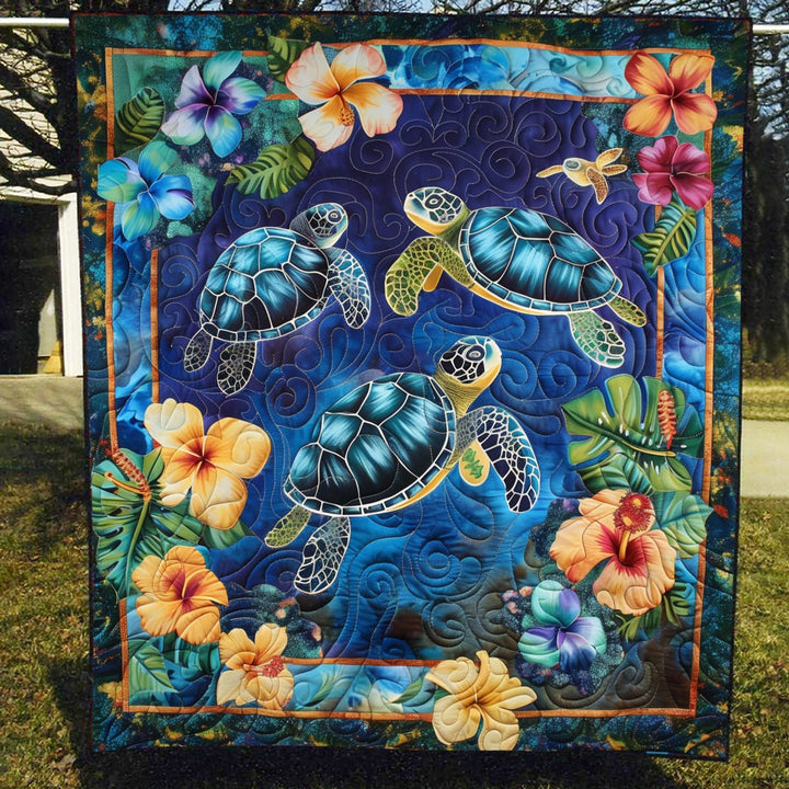Tortues de mer et fleurs tropicales – Tenture murale matelassée