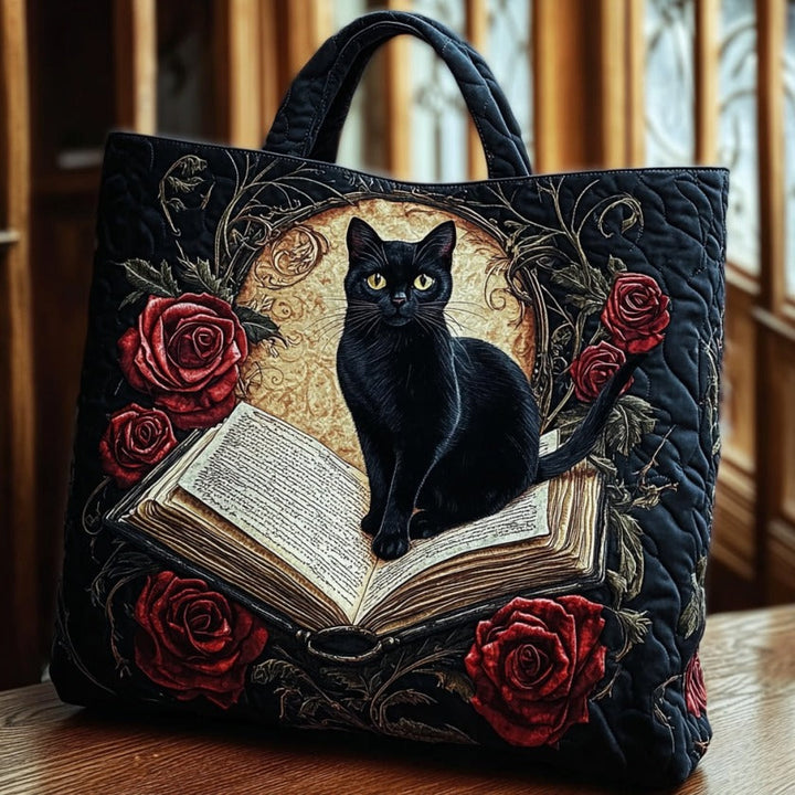 Chat noir, roses et grimoire – Sac fourre-tout matelassé