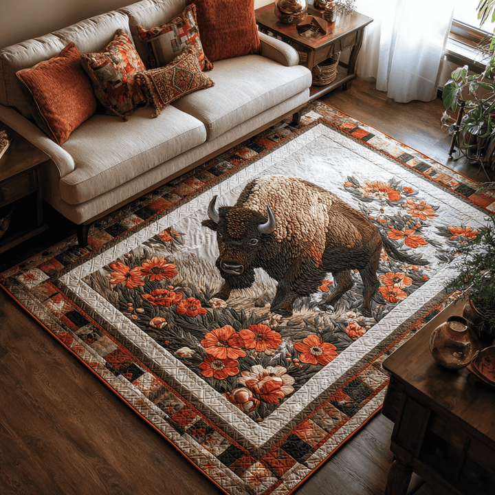 Bison et fleurs orangées – Tapis