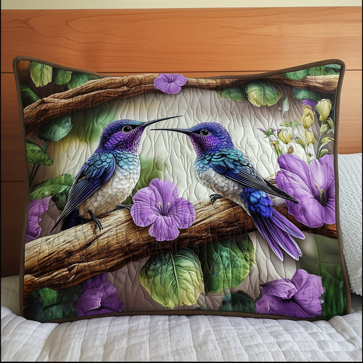 Colibris violets et fleurs mauves – Taie d’oreiller matelassée