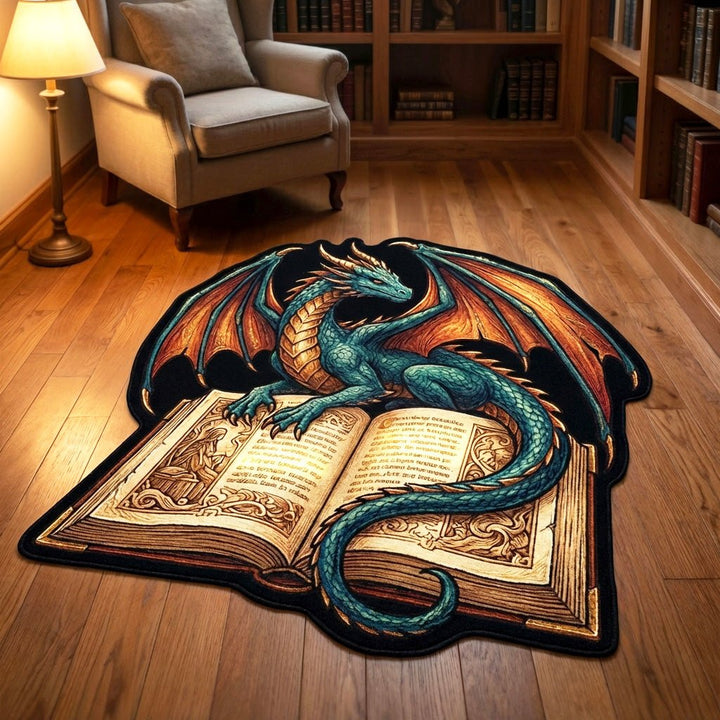 Dragon turquoise sur un livre ouvert – Tapis de forme originale