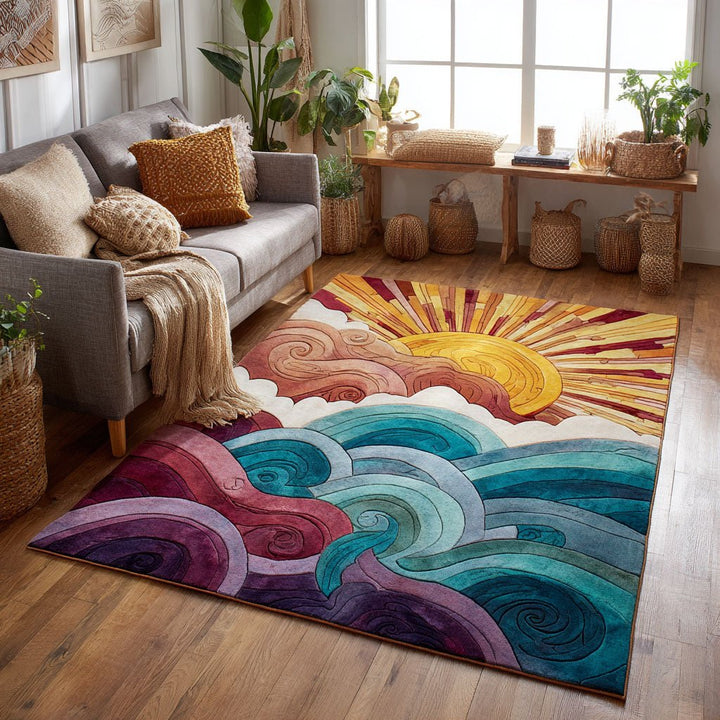 Soleil levant et vagues colorées – Tapis