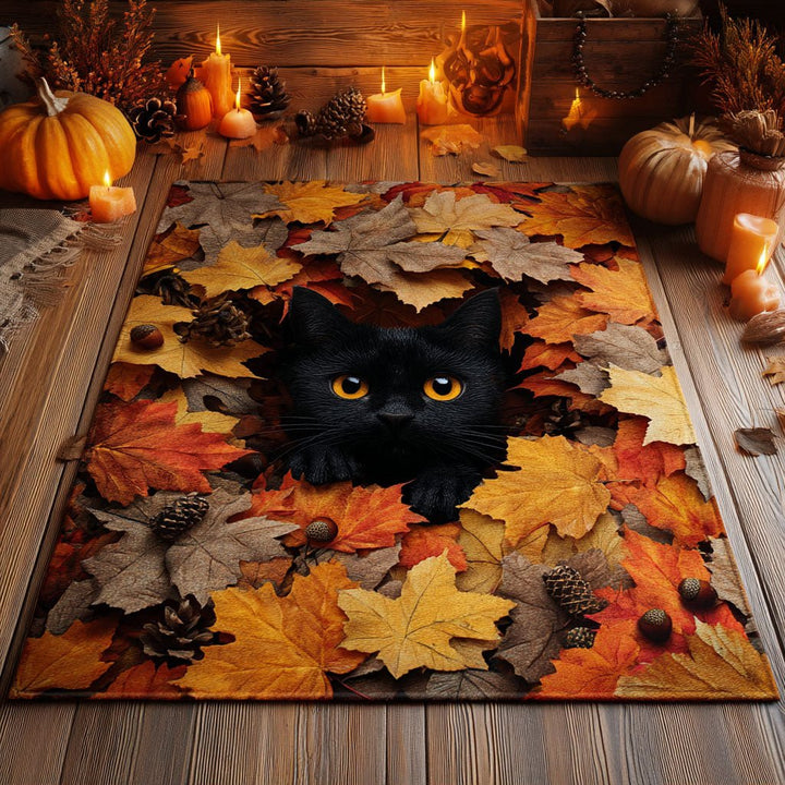 Chat noir parmi les feuilles d’érable – Tapis