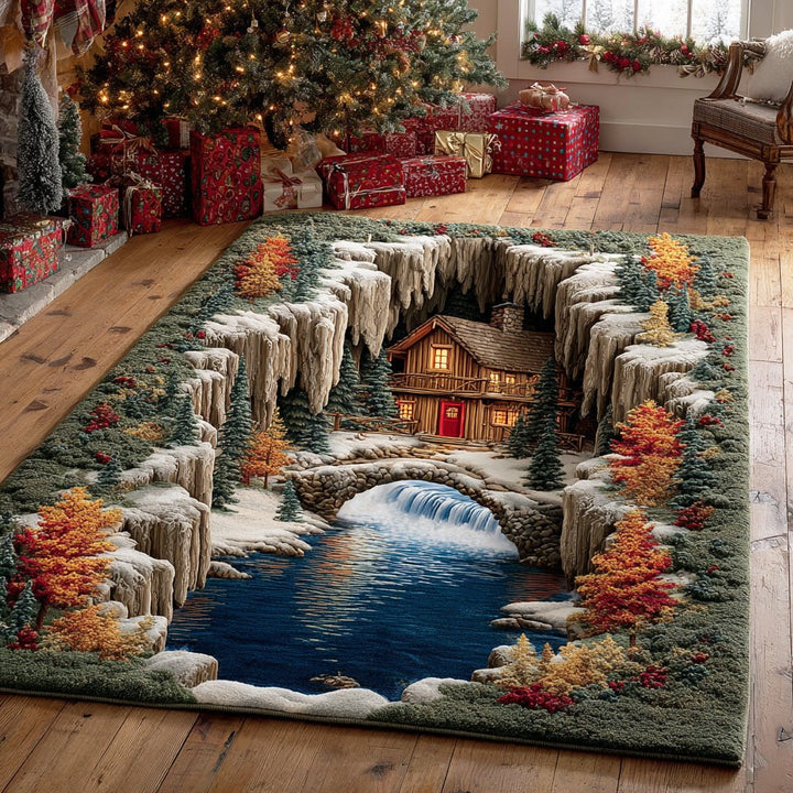 Chalet et pont de pierre en automne – Tapis