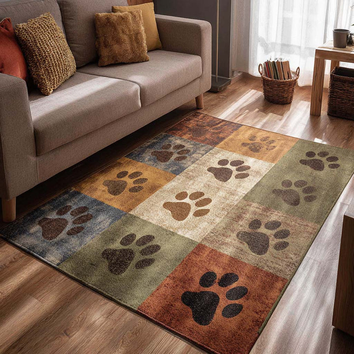 Pattes sur patchwork beige et terre – Tapis