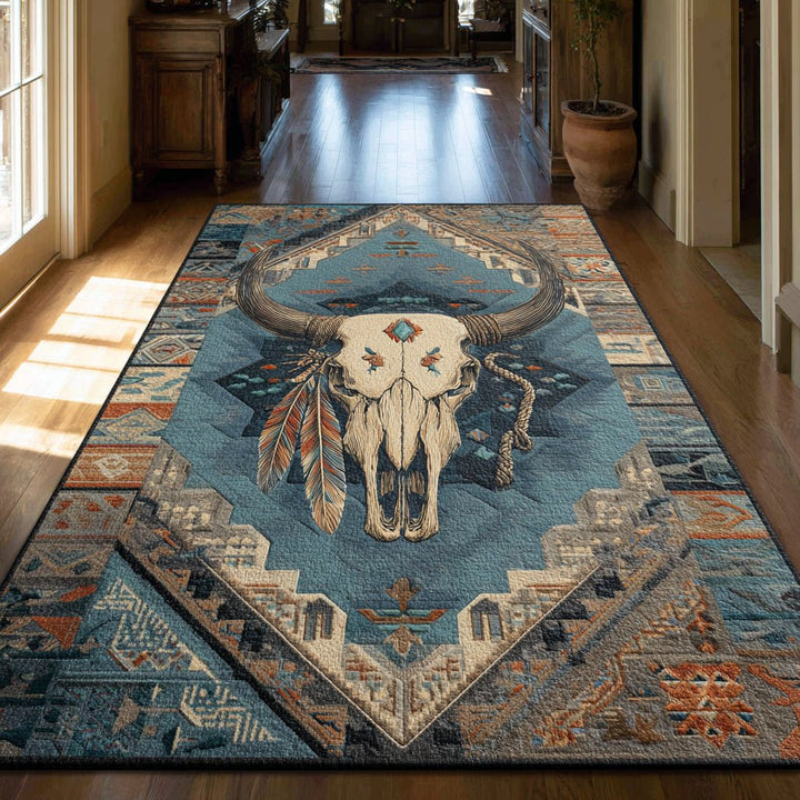 Crâne de longhorn et plumes sur fond bleu – Tapis