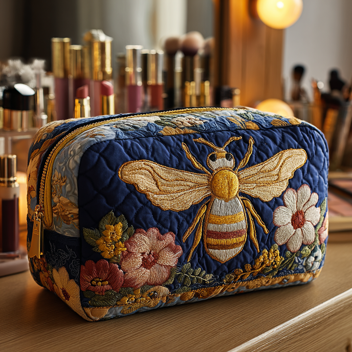 Abeille et fleurs sur fond marine – Trousse de maquillage matelassée
