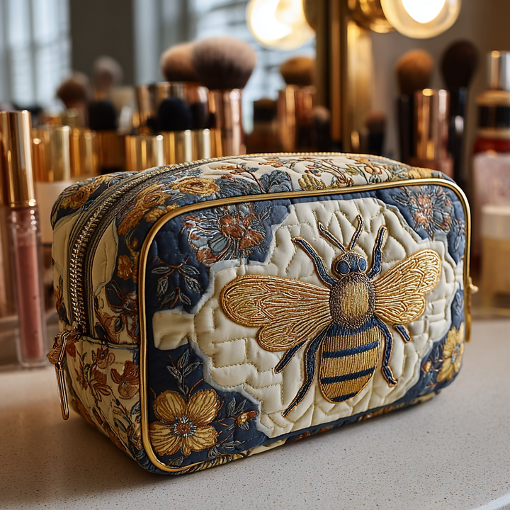 Abeille dorée sur fond bleu – Trousse de maquillage matelassée
