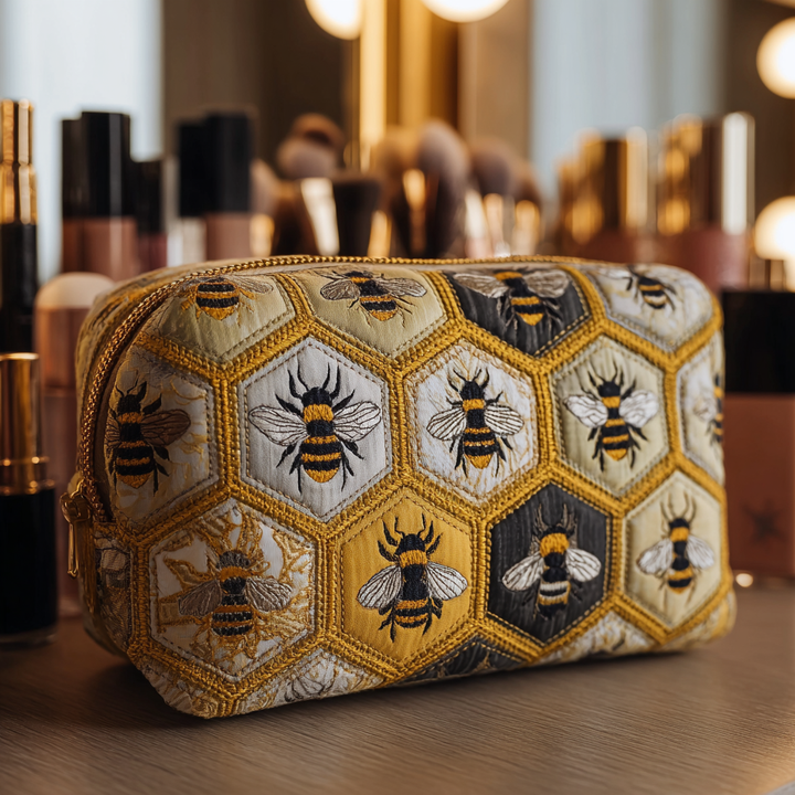 Abeilles en alvéoles crème – Trousse de maquillage matelassée