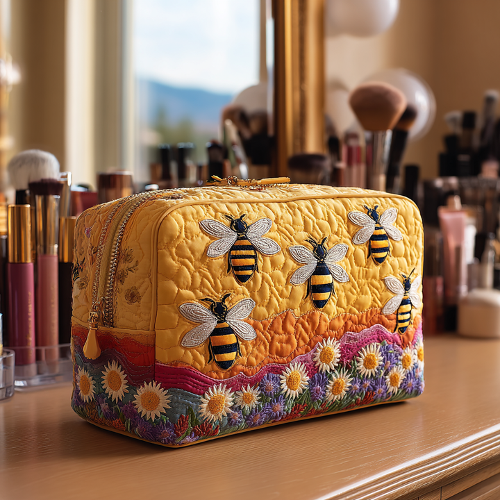Abeilles sur fond jaune – Trousse de maquillage matelassée