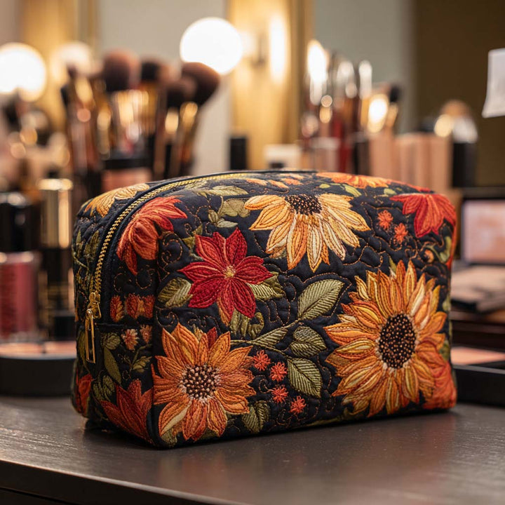 Fleurs d’automne sur fond noir – Trousse de maquillage matelassée