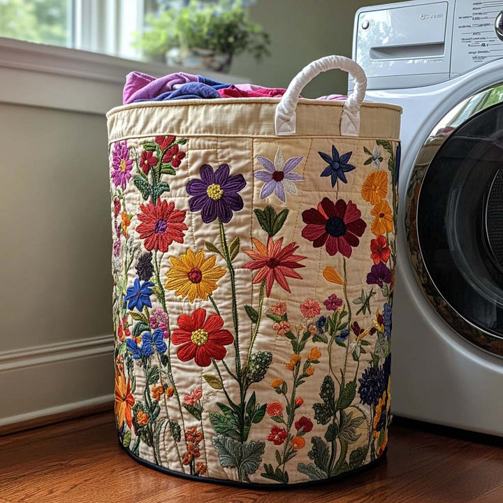 Fleurs sauvages brodées – Panier à linge matelassé