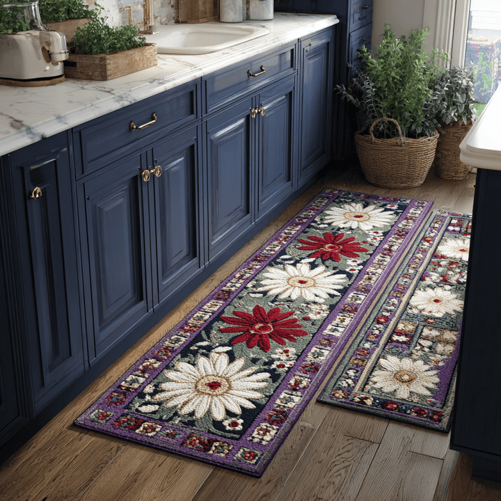 Fleurs brodées sur fond violet – Tapis de cuisine