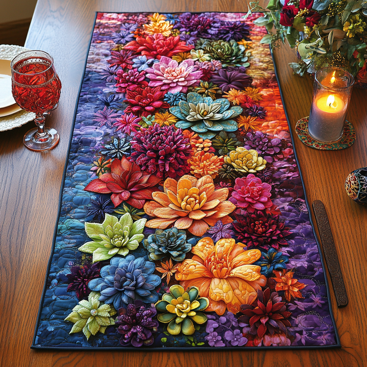Succulentes en fleurs – Chemin de table matelassé