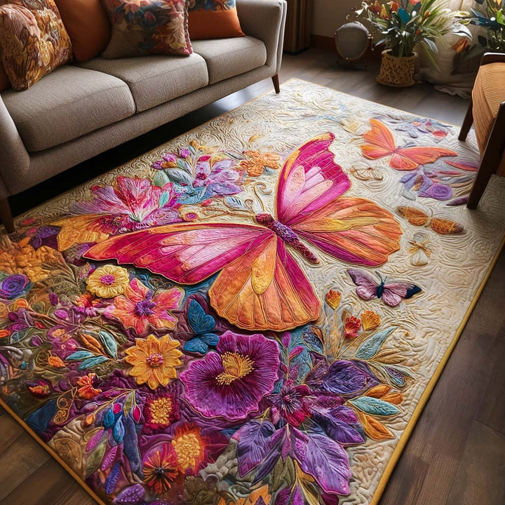 Papillon rose parmi les fleurs – Tapis