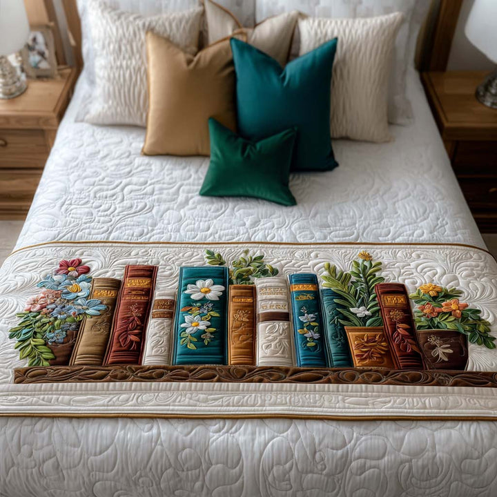 Étagère de livres et de plantes – Chemin de lit matelassé
