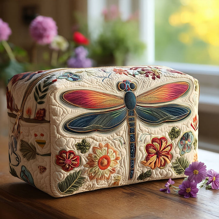Libellule arc-en-ciel sur fond crème – Trousse de maquillage matelassée