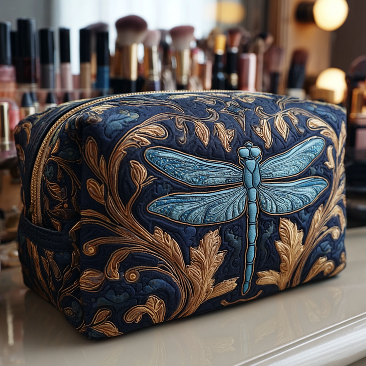 Libellule bleue sur fond marine – Trousse de maquillage matelassée