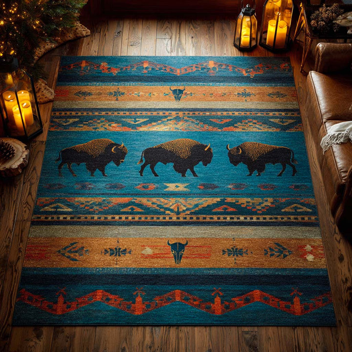 Bisons sur fond turquoise – Tapis