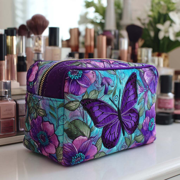Papillon violet et fleurs – Trousse de maquillage matelassée