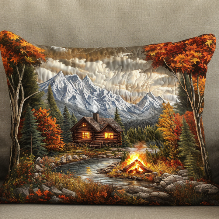 Chalet et feu de camp en montagne – Taie d’oreiller matelassée