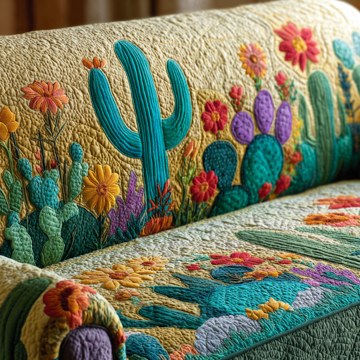 Cactus et fleurs brodés – Housse de canapé matelassée