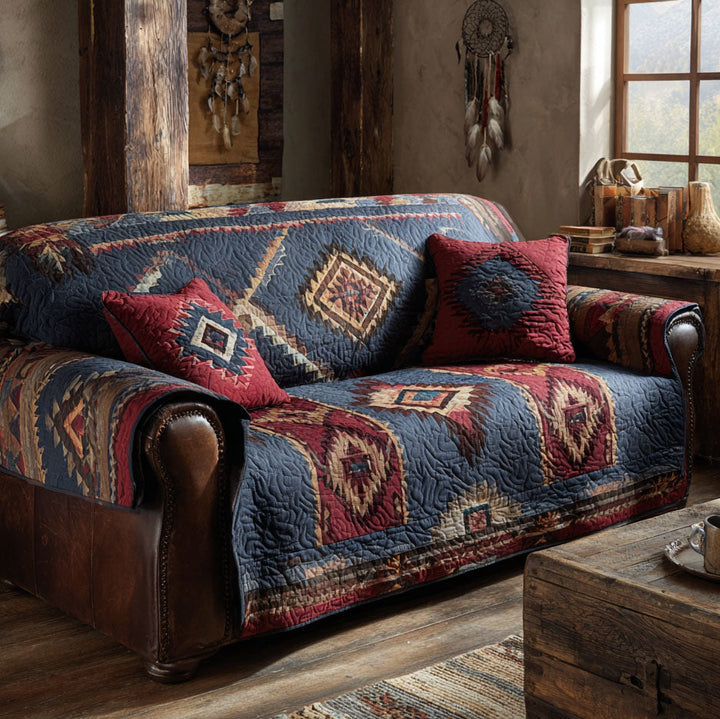 Losanges tribaux marine et rouge – Housse de canapé matelassée