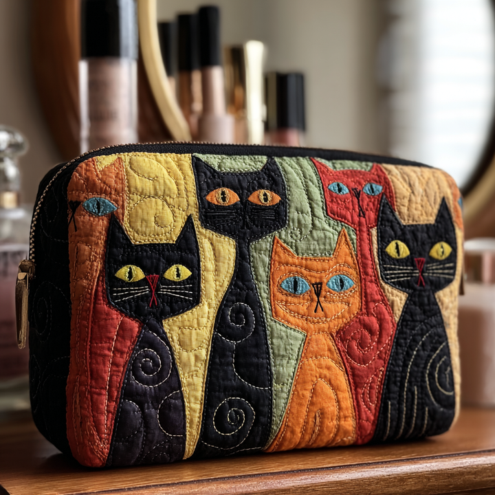 Chats noirs et orange – Trousse de maquillage matelassée