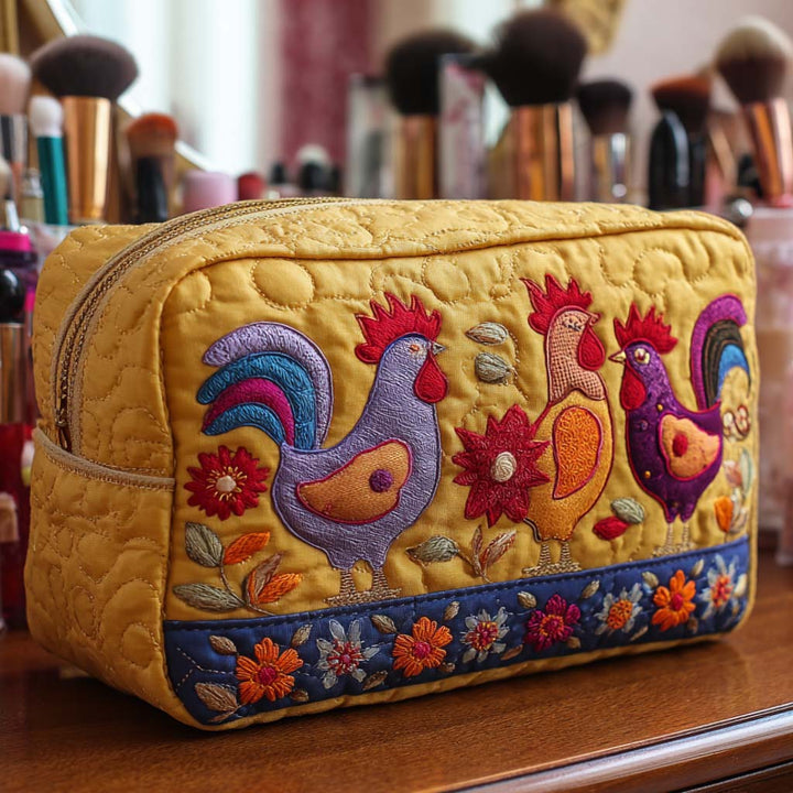 Coq violet sur fond doré – Trousse de maquillage matelassée