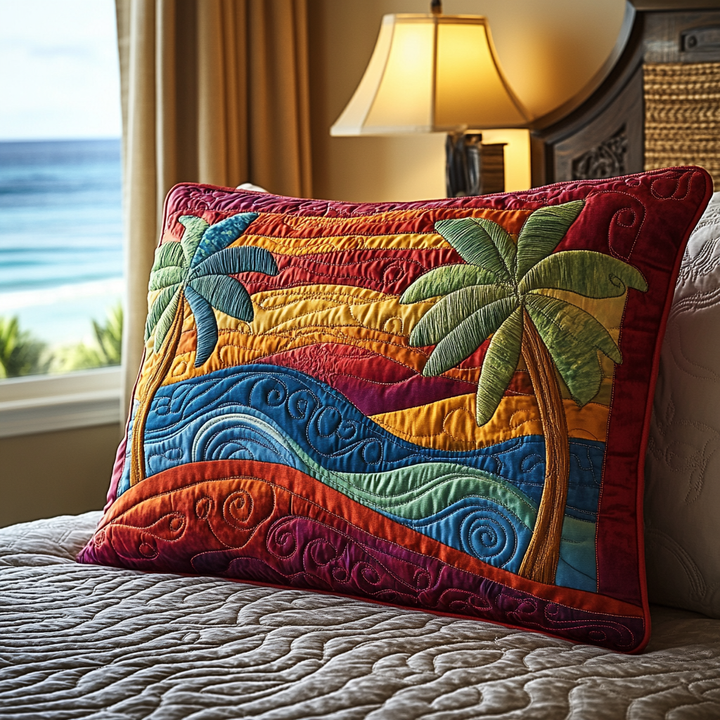 Palmiers sur vagues colorées – Taie d’oreiller matelassée