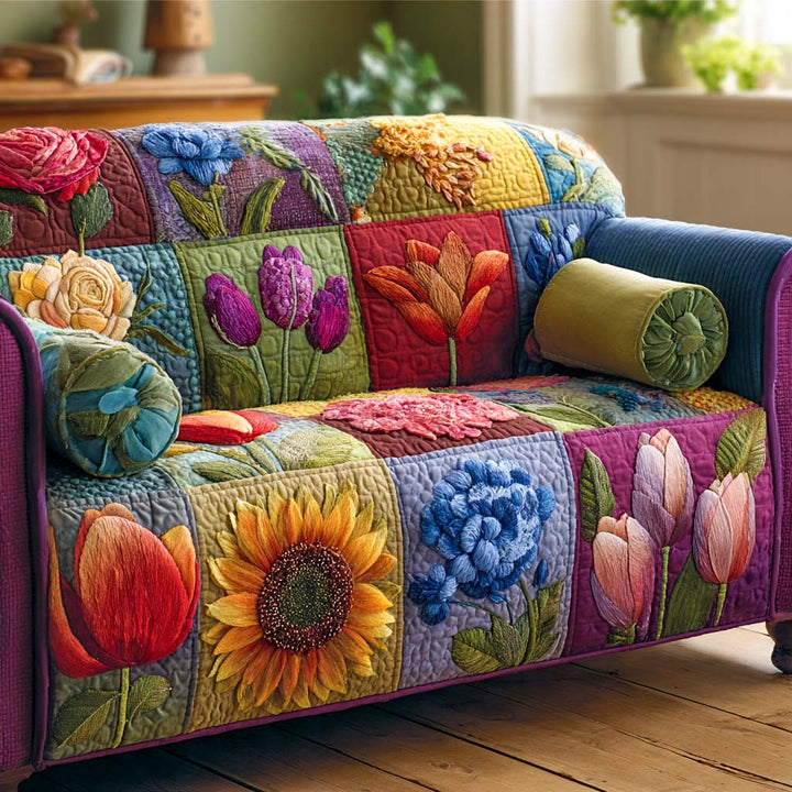 Fleurs éclatantes en patchwork – Housse de canapé matelassée