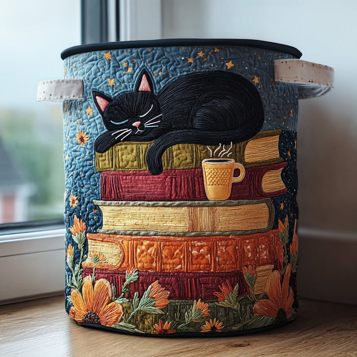Chat noir endormi sur les livres – Panier à linge matelassé