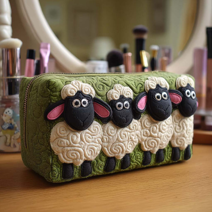 Moutons sur fond vert – Trousse de maquillage matelassée