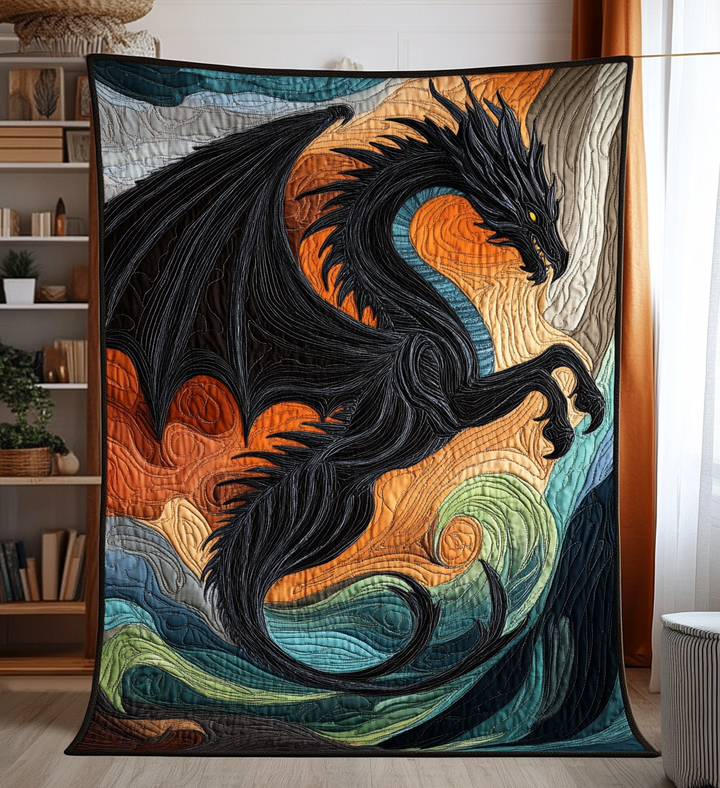 Dragon noir au soleil couchant – Couverture matelassée