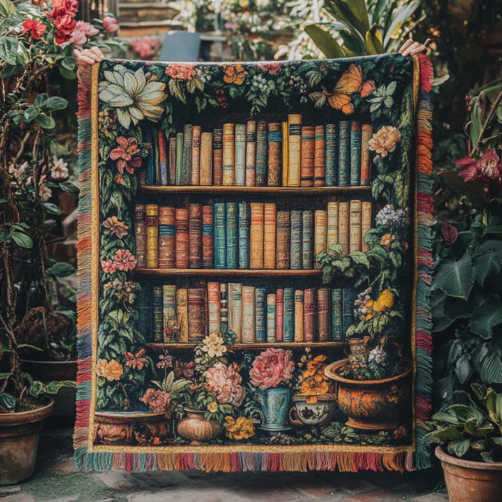 Étagères de livres et jardin fleuri – Jeté de canapé tissé