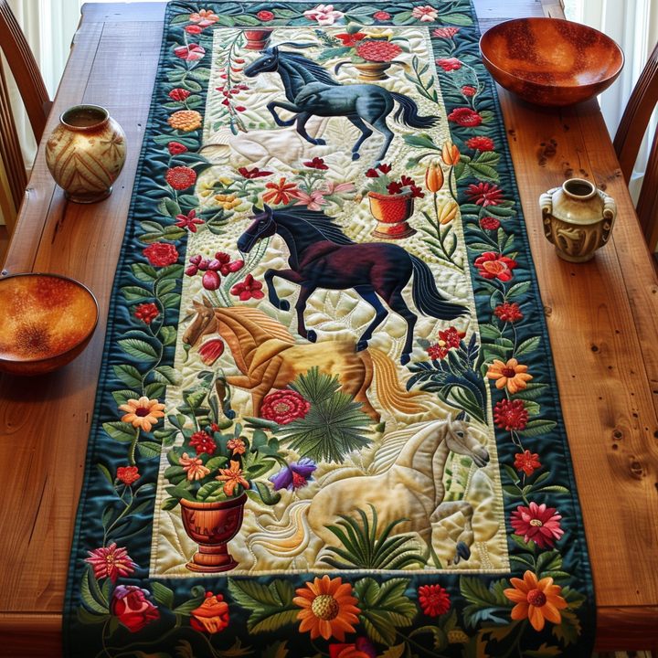 Chevaux et fleurs brodés – Chemin de table matelassé