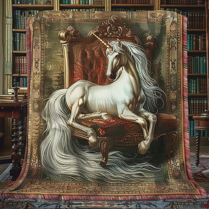 Licorne sur un fauteuil de velours – Jeté de canapé tissé