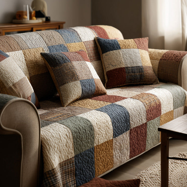 Patchwork aux tons chauds – Housse de canapé matelassée