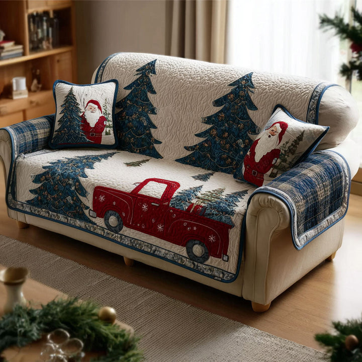 Camion rouge et sapins enneigés – Housse de canapé matelassée