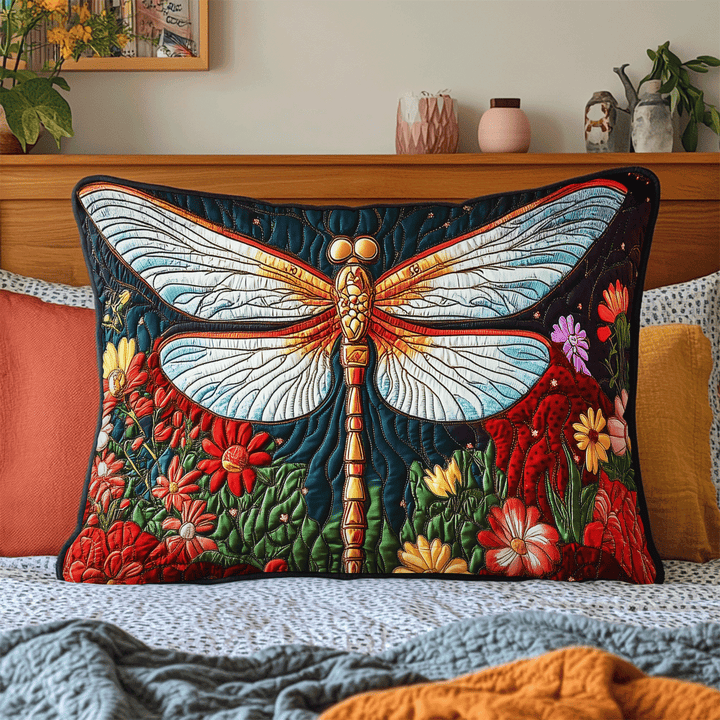 Libellule dorée et fleurs rouges – Taie d’oreiller matelassée