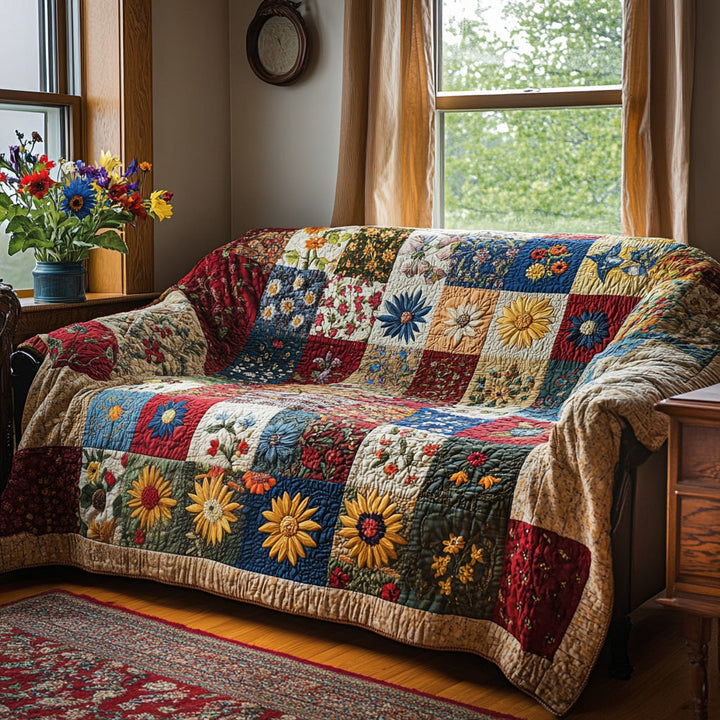 Marguerites et fleurs en patchwork – Housse de canapé matelassée