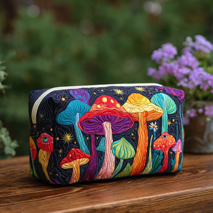 Champignons sur fond noir – Trousse de maquillage matelassée