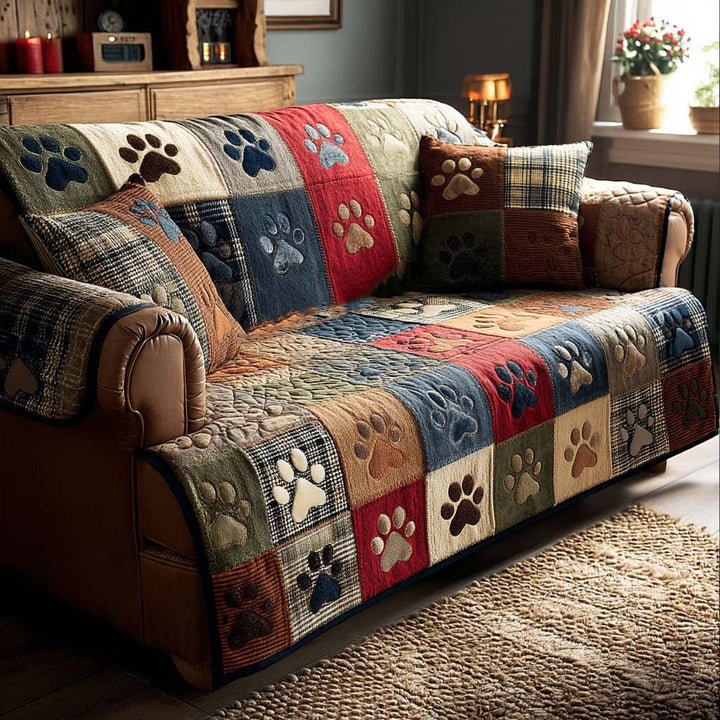 Pattes en patchwork bleu et rouge – Housse de canapé matelassée