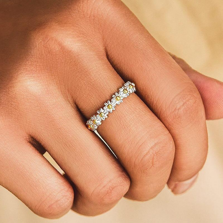 Bague Ajustable en Argent et Émail Peint à la Main avec Marguerites