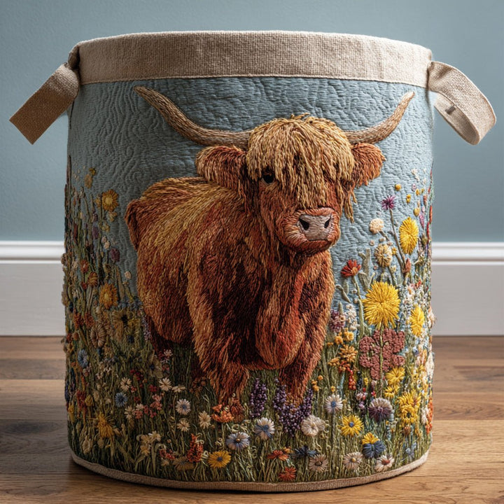 Vache Highland et fleurs sauvages – Panier à linge matelassé