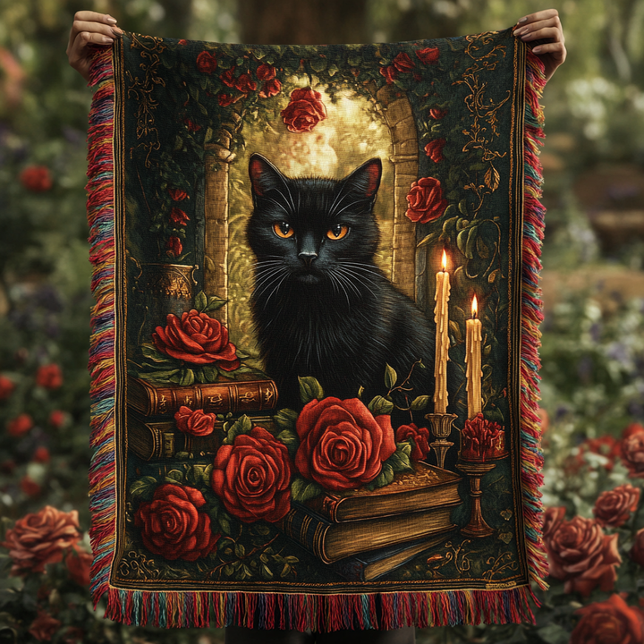 Chat noir, roses et chandelles – Jeté de canapé tissé